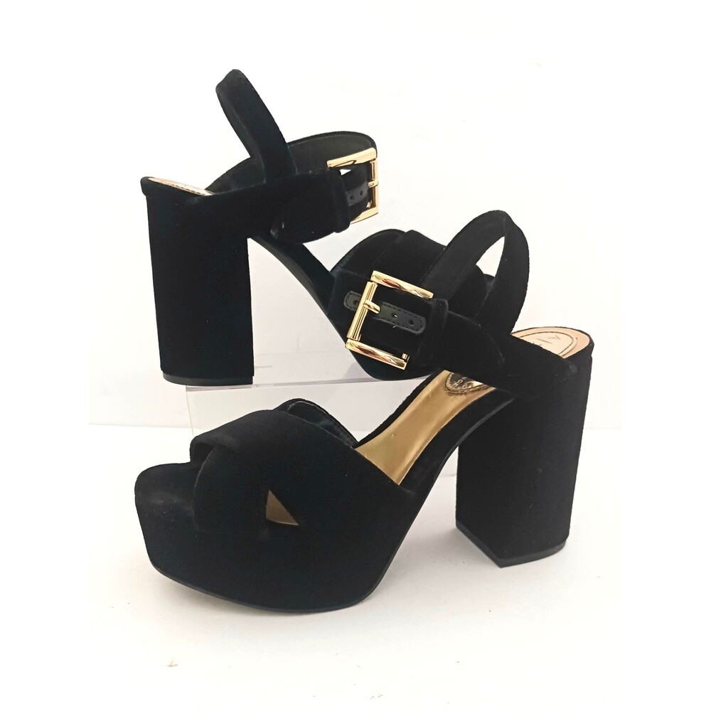 Armani Exchange Blk Velvet Platform Sandals Block Heel Gold Buckle Strap 36/6M